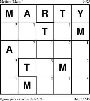 The grouppuzzles.com Medium Marty puzzle for Wednesday January 28, 2026 with the first 3 steps marked