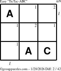 The grouppuzzles.com Easy TicTac-ABC puzzle for Wednesday January 28, 2026, suitable for printing, with all 2 steps marked