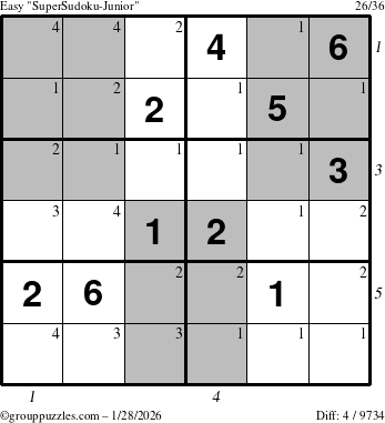 The grouppuzzles.com Easy SuperSudoku-Junior puzzle for Wednesday January 28, 2026, suitable for printing, with all 4 steps marked