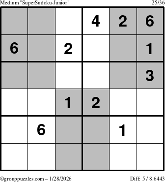 The grouppuzzles.com Medium SuperSudoku-Junior puzzle for Wednesday January 28, 2026