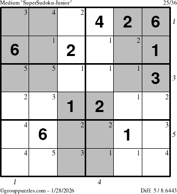 The grouppuzzles.com Medium SuperSudoku-Junior puzzle for Wednesday January 28, 2026, suitable for printing, with all 5 steps marked
