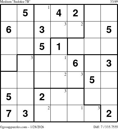 The grouppuzzles.com Medium Sudoku-7B puzzle for Wednesday January 28, 2026 with the first 3 steps marked