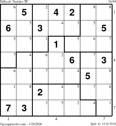 The grouppuzzles.com Difficult Sudoku-7B puzzle for Wednesday January 28, 2026 with all 8 steps marked