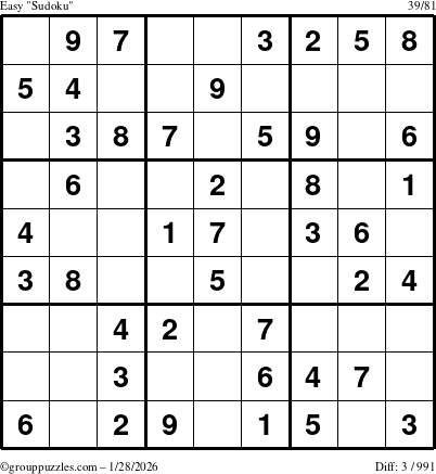 The grouppuzzles.com Easy Sudoku puzzle for Wednesday January 28, 2026