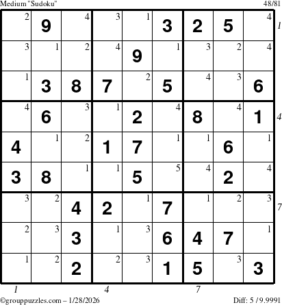 The grouppuzzles.com Medium Sudoku puzzle for Wednesday January 28, 2026 with all 5 steps marked