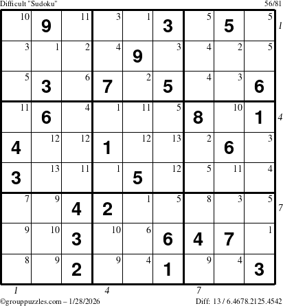 The grouppuzzles.com Difficult Sudoku puzzle for Wednesday January 28, 2026, suitable for printing, with all 13 steps marked