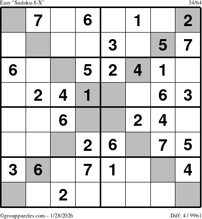 The grouppuzzles.com Easy Sudoku-8-X puzzle for Wednesday January 28, 2026