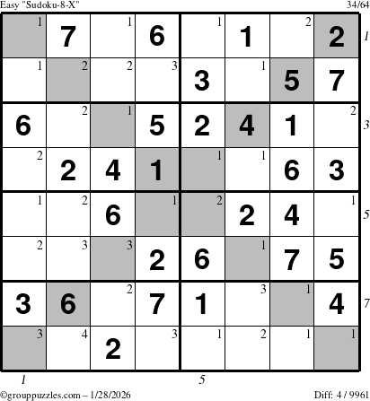 The grouppuzzles.com Easy Sudoku-8-X puzzle for Wednesday January 28, 2026 with all 4 steps marked