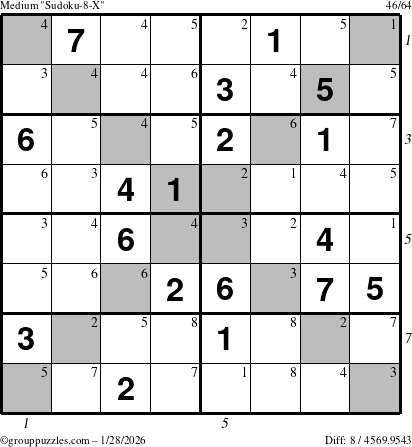 The grouppuzzles.com Medium Sudoku-8-X puzzle for Wednesday January 28, 2026 with all 8 steps marked