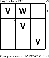 The grouppuzzles.com Easy TicTac-VWX puzzle for Wednesday January 28, 2026, suitable for printing, with all 2 steps marked
