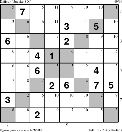 The grouppuzzles.com Difficult Sudoku-8-X puzzle for Wednesday January 28, 2026 with all 11 steps marked