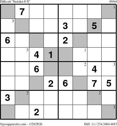 The grouppuzzles.com Difficult Sudoku-8-X puzzle for Wednesday January 28, 2026 with the first 3 steps marked