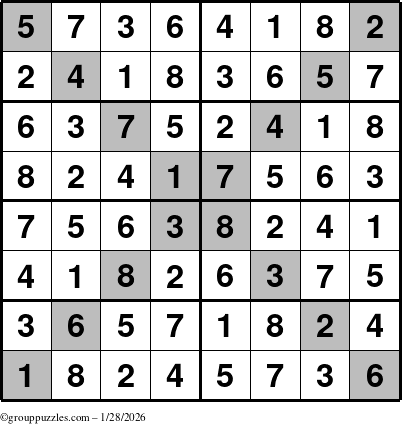 The grouppuzzles.com Answer grid for the Sudoku-8-X puzzle for Wednesday January 28, 2026