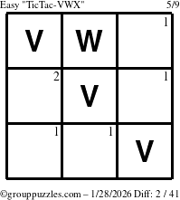 The grouppuzzles.com Easy TicTac-VWX puzzle for Wednesday January 28, 2026 with the first 2 steps marked