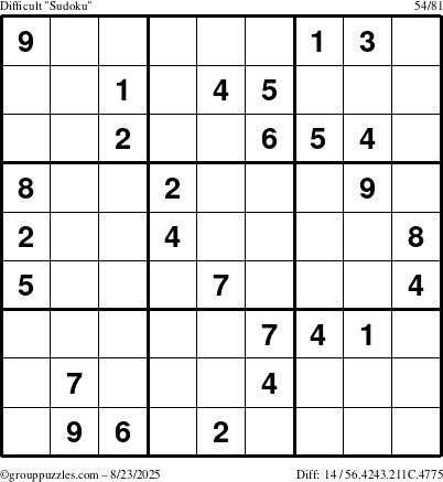 The grouppuzzles.com Difficult Sudoku puzzle for Saturday August 23, 2025
