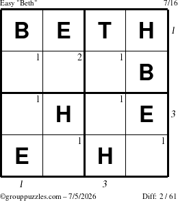 The grouppuzzles.com Easy Beth puzzle for Sunday July 5, 2026, suitable for printing, with all 2 steps marked