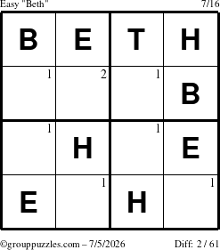 The grouppuzzles.com Easy Beth puzzle for Sunday July 5, 2026 with the first 2 steps marked