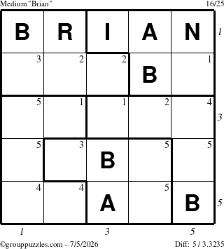 The grouppuzzles.com Medium Brian puzzle for Sunday July 5, 2026, suitable for printing, with all 5 steps marked