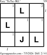 The grouppuzzles.com Easy TicTac-JKL puzzle for Sunday July 5, 2026, suitable for printing, with all 2 steps marked