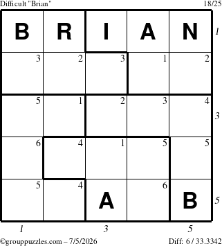 The grouppuzzles.com Difficult Brian puzzle for Sunday July 5, 2026 with all 6 steps marked