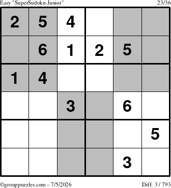 The grouppuzzles.com Easy SuperSudoku-Junior puzzle for Sunday July 5, 2026