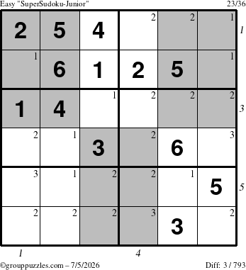 The grouppuzzles.com Easy SuperSudoku-Junior puzzle for Sunday July 5, 2026, suitable for printing, with all 3 steps marked