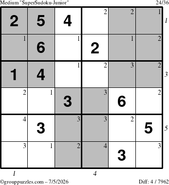 The grouppuzzles.com Medium SuperSudoku-Junior puzzle for Sunday July 5, 2026, suitable for printing, with all 4 steps marked