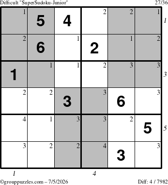 The grouppuzzles.com Difficult SuperSudoku-Junior puzzle for Sunday July 5, 2026, suitable for printing, with all 4 steps marked
