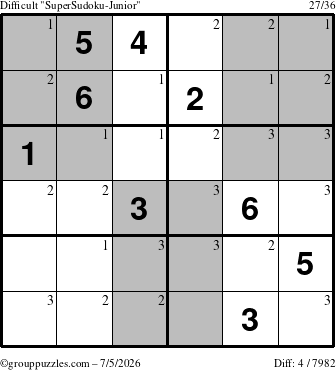 The grouppuzzles.com Difficult SuperSudoku-Junior puzzle for Sunday July 5, 2026 with the first 3 steps marked