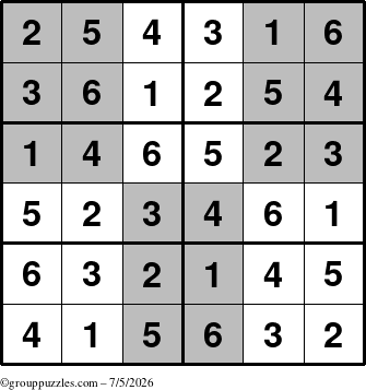 The grouppuzzles.com Answer grid for the SuperSudoku-Junior puzzle for Sunday July 5, 2026