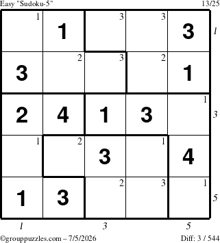 The grouppuzzles.com Easy Sudoku-5 puzzle for Sunday July 5, 2026 with all 3 steps marked