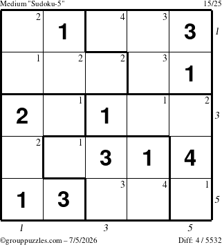 The grouppuzzles.com Medium Sudoku-5 puzzle for Sunday July 5, 2026, suitable for printing, with all 4 steps marked