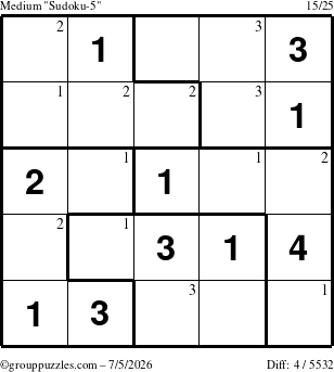 The grouppuzzles.com Medium Sudoku-5 puzzle for Sunday July 5, 2026 with the first 3 steps marked