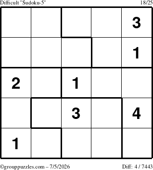 The grouppuzzles.com Difficult Sudoku-5 puzzle for Sunday July 5, 2026