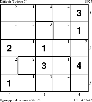 The grouppuzzles.com Difficult Sudoku-5 puzzle for Sunday July 5, 2026, suitable for printing, with all 4 steps marked