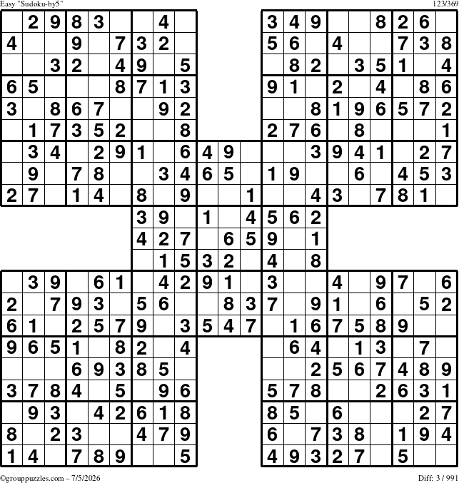 The grouppuzzles.com Easy Sudoku-by5 puzzle for Sunday July 5, 2026