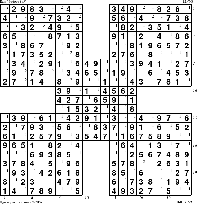The grouppuzzles.com Easy Sudoku-by5 puzzle for Sunday July 5, 2026, suitable for printing, with all 3 steps marked