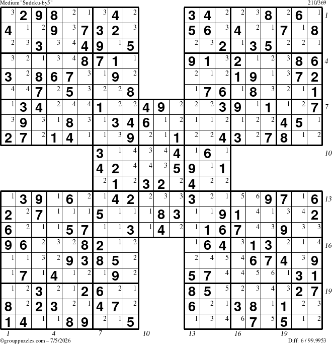 The grouppuzzles.com Medium Sudoku-by5 puzzle for Sunday July 5, 2026, suitable for printing, with all 6 steps marked