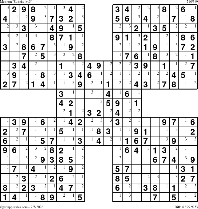 The grouppuzzles.com Medium Sudoku-by5 puzzle for Sunday July 5, 2026 with the first 3 steps marked