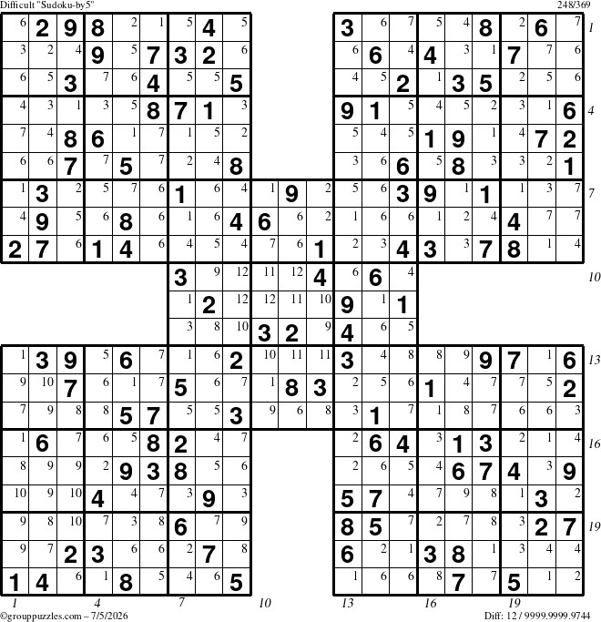 The grouppuzzles.com Difficult Sudoku-by5 puzzle for Sunday July 5, 2026 with all 12 steps marked