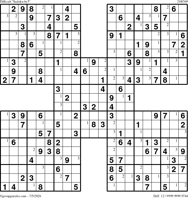 The grouppuzzles.com Difficult Sudoku-by5 puzzle for Sunday July 5, 2026 with the first 3 steps marked