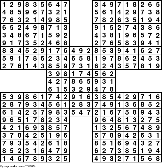 The grouppuzzles.com Answer grid for the Sudoku-by5 puzzle for Sunday July 5, 2026