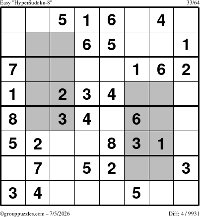 The grouppuzzles.com Easy HyperSudoku-8 puzzle for Sunday July 5, 2026