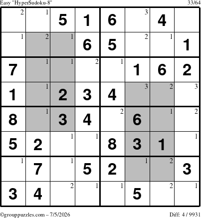 The grouppuzzles.com Easy HyperSudoku-8 puzzle for Sunday July 5, 2026 with the first 3 steps marked