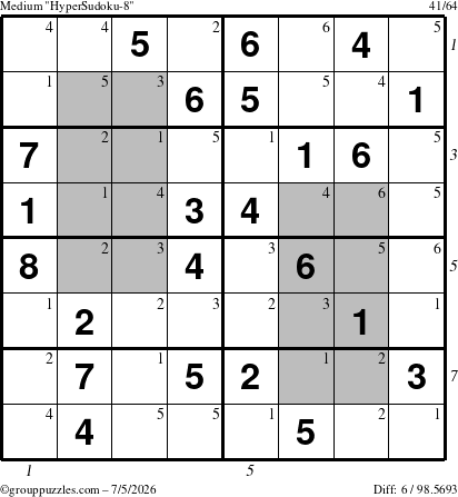 The grouppuzzles.com Medium HyperSudoku-8 puzzle for Sunday July 5, 2026 with all 6 steps marked