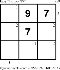The grouppuzzles.com Easy TicTac-789 puzzle for Sunday July 5, 2026, suitable for printing, with all 2 steps marked