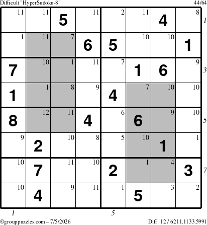 The grouppuzzles.com Difficult HyperSudoku-8 puzzle for Sunday July 5, 2026, suitable for printing, with all 12 steps marked
