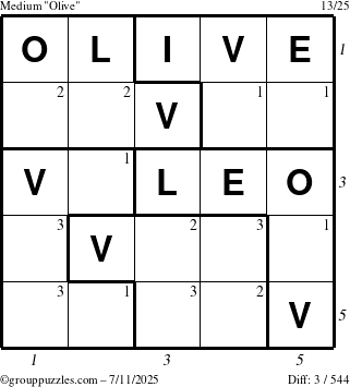 The grouppuzzles.com Medium Olive puzzle for Friday July 11, 2025, suitable for printing, with all 3 steps marked