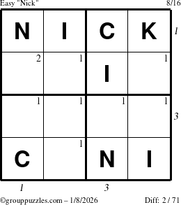 The grouppuzzles.com Easy Nick puzzle for Thursday January 8, 2026, suitable for printing, with all 2 steps marked