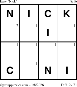 The grouppuzzles.com Easy Nick puzzle for Thursday January 8, 2026 with the first 2 steps marked